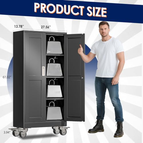 erosoei 61" H Metal Garage Storage Cabinet, Rolling Tool Cabinet with 2 Doors and Wheels, Locker Steel Cabinet with 3 Adjustable Shelves, Organization Cabinet for Garage,Office,Home,Gym,School(Black) - color: Black, size: 61"-CasLck