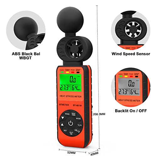 BTMETER BT-881W Heat Stress Meter Anemometer, Digital Indoor/Outdoor WBGT (Wet Bulb Globe Temperature) Meter with Wind Speed, Ambient Temp, Humidity Tester - color: Orange