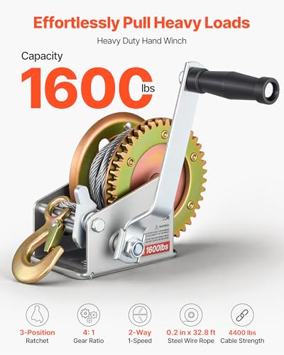 VEVOR Boat Winch, 1600 lbs Hand Winch, Heavy Duty Manual Rope Crank with 32.8ft Steel Wire, Portable Two-Way Ratchet, Anti-Slip Handle, Easy Installation Gear for Boat Trailer ATV Towing - size: 1600 lbs