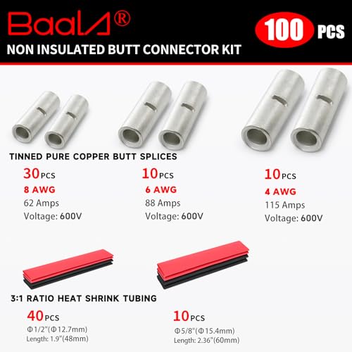 BAALA 100 PCS 4/6/8 Gauge Non Insulated Butt Connectors Kit with Heat Shrink Tube 4/6/8 AWG Butt Splice Connectors Tinned Copper 50PCS Butt Connector Crimp Wire Splice Connectors&50PCS 3:1 Heat Shrink - color: Tinned Copper