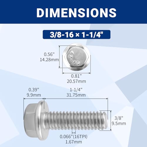 10pcs 3/8-16 x 1-1/4" Flange Hex Head Bolts (Non-Serrated), 304 SS - size: 3/8-16 x 1-1/4