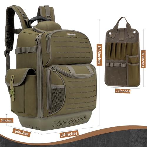 Tool Backpack Heavy Duty Tool Bag for men Waterproof Molded Base 62 Pockets - color: Dark Khaki