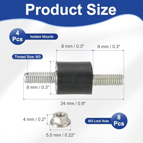 PATIKIL M3 8x8mm Rubber Isolator Mounts, 4 Pcs Rubber Studs Shock Absorber Anti-Vibration Isolation Damping Mounts with Lock Nuts for Motor, Air Compressor, Engines (24mm Height) - size: M3-8x8x24mm