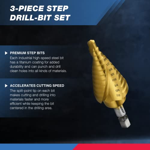 NEIKO 10181A Step Drill Bit Set, 3 Piece, Spiral Grooved for Faster Drilling, Step Bits for Stainless Steel, Metal, Wood, Plastic, Unibit Cone Drill Bits with 31 Step Sizes Total - size: 3pc (1/8 - 7/8", 31S), style: Spiral