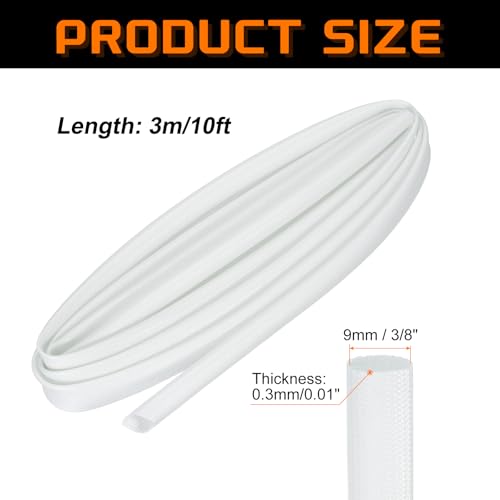 MECCANIXITY 10ft Braided Cable Sleeve, 3/8" ID 200C Heat Resistant 1500V Fiberglass Wire Insulation Cord Protector Organizer Wires Management for Motor Engine Fuel Line, White - color: White, size: 10ft-9mm