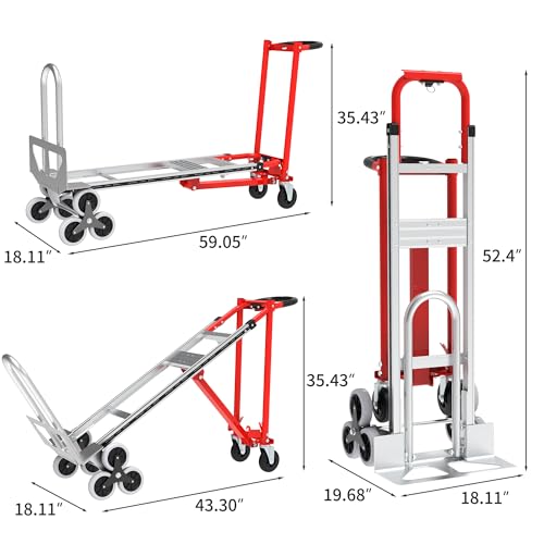 Stair Climbing Hand Truck, Heavy Duty 1000LBS 4-in-1 Aluminum Convertible Dolly Cart, Appliance Dolly Industrial Platform Cart Handtruck with Wheels for Moving, Office, Logistics, Shopping - color: Red