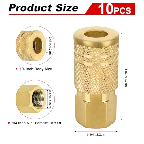 10 PCS Air Hose Fittings, 1/4 Inch Brass NPT Female Industrial Coupler, 1/4" Body Size M-Type Quick Connect Air Hose Fittings, Air Compressor Accessories