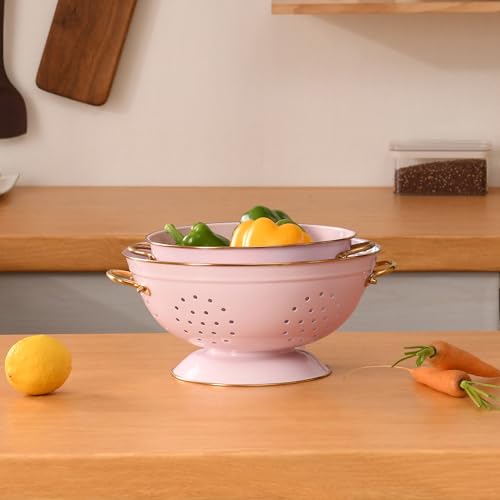 Metal Colander Set of 2, Strainer Basket with Handles 3.5 & 5 Qt Powder Coated Self-draining Solid Ring Base Metal Large Kitchen Colander Bowel for Pasta Vegetable Fruit (PINK) - color: M-PINK
