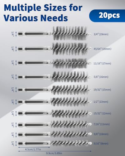 20 PCS Stainless Steel Wire Bore Brush for Drill, 5/16"-3/4" Wire Brush Bore Cleaning Brushs Set with 1/4" Hex Shank Twisted Wires Bristles for Rust and Tube Cleaning(8,10,11,12,13,15,16,17,18,19mm) - color: Silver