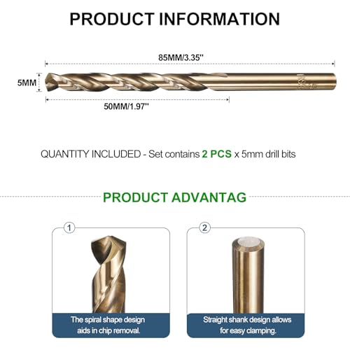 METALLIXITY Drill Bit (5mm) M35 5% Cobalt High-Speed Steel 135° 2Pcs - size: 5mm