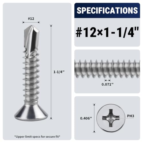 #12 x 1-1/4" Phillips Flat Head Sheet Metal Screws, Stainless Steel 410 Self Drilling Screws for Metal, Countersunk Head, Phillips Drive, Self Tapping, 50 Pack - size: #12 x 1-1/4"