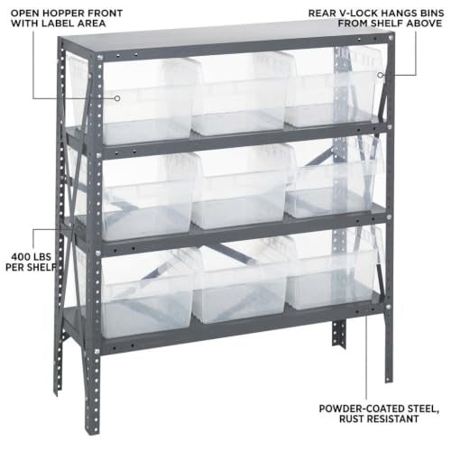 Quantum Storage 1239-SB809 Store-Max Steel Shelf Bin Organizer System, 9 8"H Hopper-Front Bins, 4-Shelf Unit, 400 lb Per Shelf, for Warehouse, Shop, Garage & Stockroom, 12"D x 36"W x 39"H, Clear - size: 39" H x 36" W x 12" D, style: 12" L x 12" W x 8" H 9