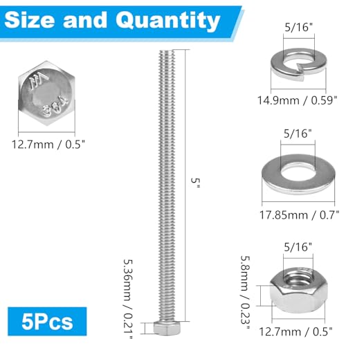 5 Sets 5/16-18x5 Hex Head Screw Bolt,Nuts,Flat & Lock Washers - size: 5/16-18 x 5"