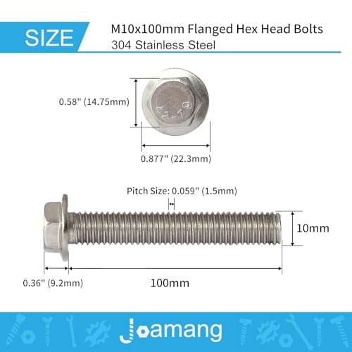 M10 x 100mm 4Pcs Flanged Hex Head Bolts, M10 x 1.5 Bolts, Flange Hexagon Head Screws, 304 Stainless Steel, Bright Finish, Metric Fully Thread - size: M10 x 100mm(4PCS)