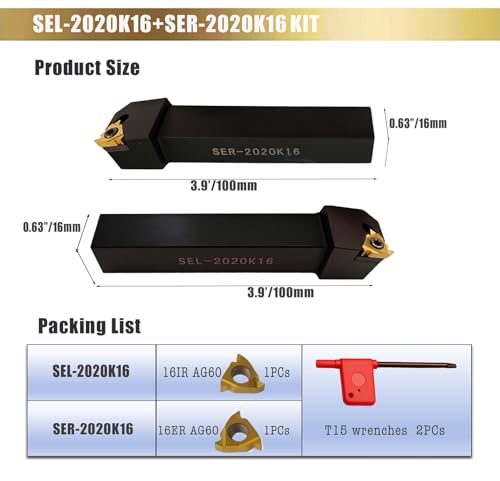 3/4" Threading Holders SER2020K16 + SEL2020K16 CNC Thread Turning Holders + 16ER/16IR AG60 Carbide Threading Inserts with Wrenches