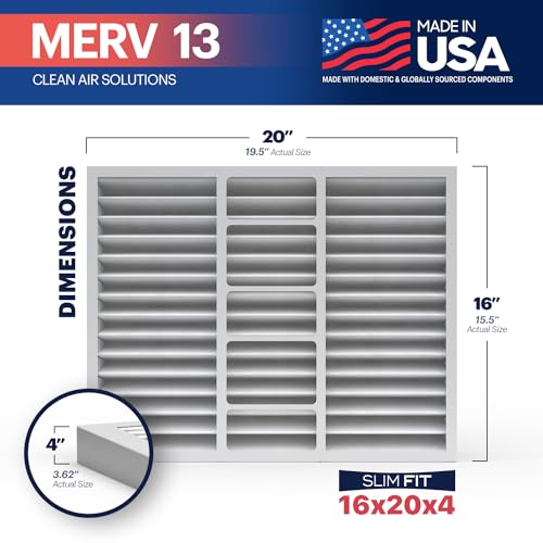 BNX TruFilter 16x20x4 (15.5’’ x 19.5’’ x 3.63‘’ Slim Fit) MERV 13 Air Filter (2-Pack) - MADE IN USA - Air Conditioner HVAC AC Furnace Filters Health, Allergies, Mold, Bacteria, Smoke, MPR 1900 FPR 10 - size: 16x20x4 2-Pack (Slim Fit)
