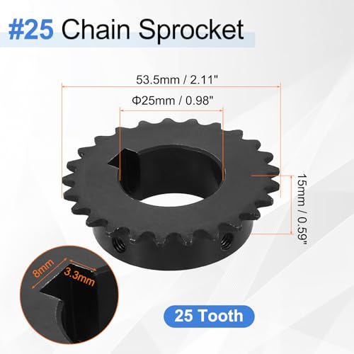 uxcell #25 Chain Roller Sprocket 25mm Bore 53.5mm OD, 25 Tooth C45 Carbon Steel ANSI #25 Roller Sprocket Round Hole with 8x3.3mm Keyway & Set Screws for ISO 04C Chain, Black - size: 25mm Bore 53.5mm OD, 25 Tooth, 8x3.3mm Keyway