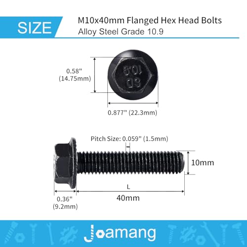 M10 x 40mm 10Pcs Flanged Hex Head Bolts, M10 x 1.5 Bolts, Flange Hexagon Head Screws, 10.9 Grade Alloy Steel, Black Oxide Finish, Metric Fully Thread - size: M10 x 40mm(10PCS)