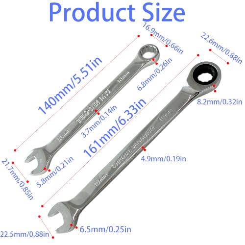 2PCS 10mm Metric Ratcheting Combination Wrench Set, 72-Tooth Industrial Grade Chrome Vanadium Steel Gear Spanner with 12-Point Box End Design for Professional Mechanics - size: 10mm