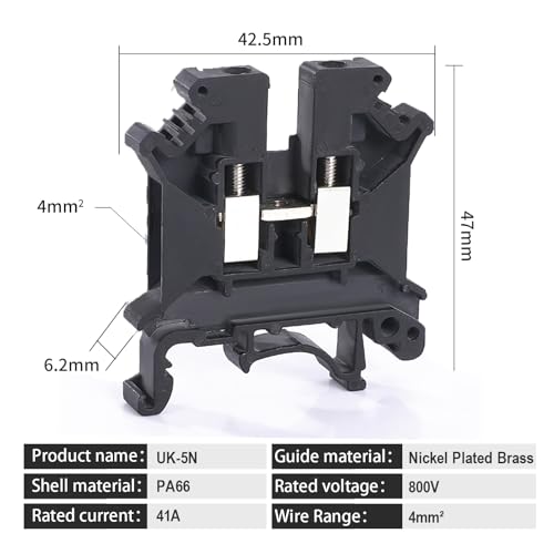 100PCS Black UK5N Terminal Block DIN Rail Terminal Blocks - Application for 24-10AWG 800V Electrical Cabinets Distribution Box,Solar Power System,PLC Industrial Control Automation Panel DIY CNC RV - color: UK5N Black