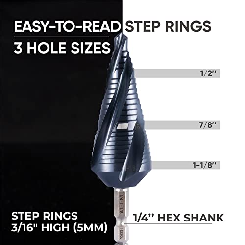 toolant M35 Cobalt Step Drill Bit, 1/4"-1-1/8", TiAlN, 1/4" Hex Shank - size: 1/4" - 1-1/8"