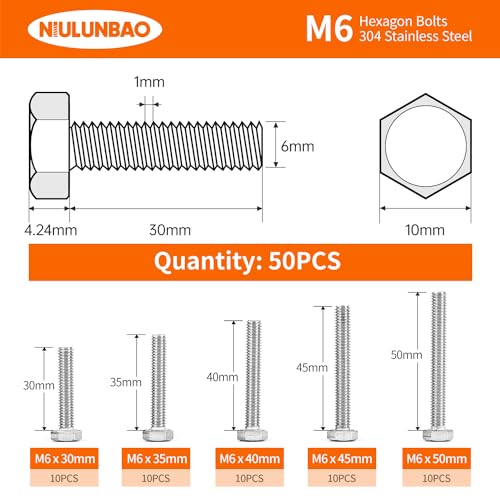 M6 x 30mm 35mm 40mm 45mm 50mm Heavy Duty Hexagon Bolts Hex Head Screws, 304 Stainless Steel, Metric, Machine Fully Thread, Bright Finish, Assortment Kit 50PCS - size: M6 x 30/35/40/45/50mm (50PCS)