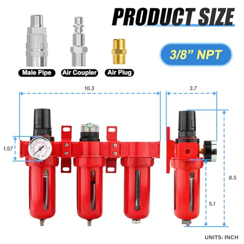 MEANLIN 3/8" NPT 3 Stage Aluminium Air Drying System,Coalescing Filter, Particulate Filter, Desiccant Dryer and Air Regulator, Manual Drain, Mid Flow, For Plasma Cutter and Paint Spray - color: 3 Stage, size: 3/8"NPT