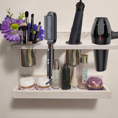 Wall-Mounted Hair Tool Organizer with Heat Resistance - Set of 2 Layer Rustic Blow Dryer Holder (White) - color: White
