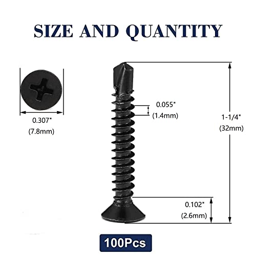 #8 x 1-1/4" Sheet Metal Screws 100Pcs 410 Stainless Steel Flat Head Fast Self Tapping Screws Black Oxide by SG TZH - size: #8 x 1-1/4"
