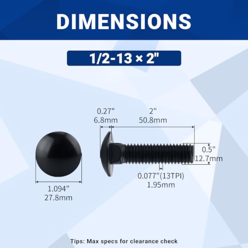8 Sets 1/2-13 x 2 Carriage Bolt Kit & Nuts & Flat Washers Black 304 SS - size: 1/2-13 x 2" (8 Sets)