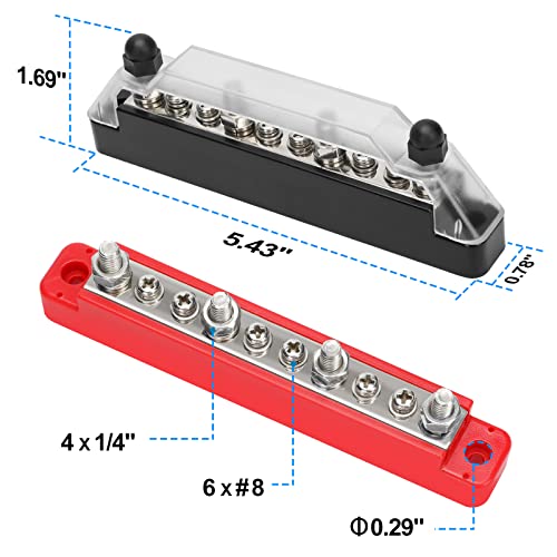 MOFEEZ Bus Bar Power Distribution Block with Cover, 4x1/4 Posts, 6X#8 Screws Terminals, 130A 300VAC/150A 48VDC for Marine, Automotive, and Solar Wiring - size: 4 x 1/4"