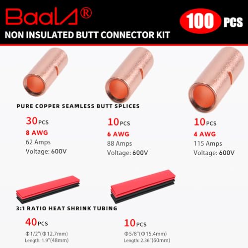 BAALA 100 PCS 4/6/8 Gauge Non Insulated Butt Connectors Kit with Heat Shrink Tube 4/6/8 AWG Butt Splice Connector Pure Copper 50PCS Butt Connectors Crimp Wire Splice Connectors & 50PCS 3:1 Heat Shrink - color: Bare Copper