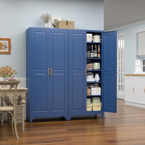75" Tall Kitchen Pantry Storage Cabinet with Doors and 5 Shelves - color: Blue, size: 75"H-Standard