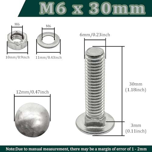 M6 x 30mm Carriage Bolts Kit,304 Stainless Steel Round Head Square Neck Carriage Bolts with Hex Nuts and Flat Washers,Full Thread,Silver(10Sets) - size: M6 x 30mm
