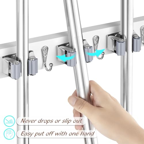 OUTNILI 2 Pack Mop Broom Holder Wall Mount - White Wood Broom Mop Hanger - Wall Mounted Garden Tool Rack Organizer for Closet Garage Laundry Room, 4 Slots & 4 Hooks - color: White-4 Grips, size: 2 Pack