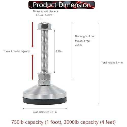 Heavy Duty 3000 lb Capacity Stainless Steel Adjustable Leveling Feet for Shelving,Machinery Devices, Workbench,Furniture,M14 Thread, 3.11inches Dia Base, Anti-Slip Nylon Pad - color: Black, size: B3.11in x M14 x H3.94in