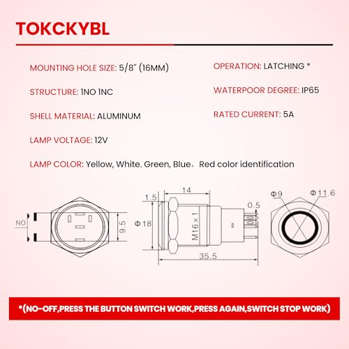 16mm Latching Push Button Switch 12V DC, IP65 Waterproof - color: Black Shell Yellow, size: 16mm