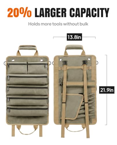 Tool Roll Up Bag, 1680D Heavy Duty Tool Bag Organizer with 2 Detachable Tool Pouches & Multiple Pockets, Waterproof Motorcycle Tool Roll for Mechanic & Electrician, Gift for Men Him Dad, 21.9"*13.8" - color: Khaki
