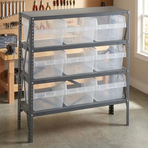 Quantum Storage 1239-SB809 Store-Max Steel Shelf Bin Organizer System, 9 8"H Hopper-Front Bins, 4-Shelf Unit, 400 lb Per Shelf, for Warehouse, Shop, Garage & Stockroom, 12"D x 36"W x 39"H, Clear - size: 39" H x 36" W x 12" D, style: 12" L x 12" W x 8" H 9