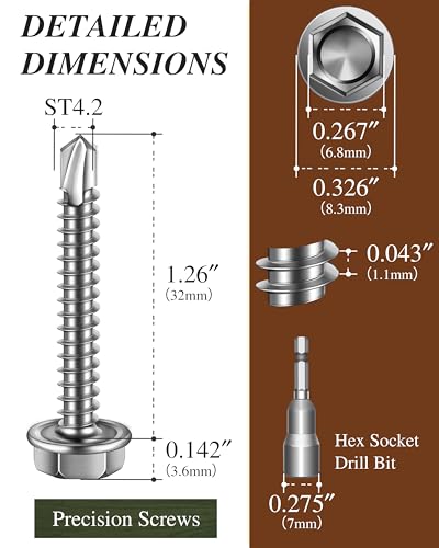 100PCS #8 x 1-1/4" Self Drilling Screws, Self Tapping Screws for Metal, 410 Stainless Steel Hex Washer Head Sheet Metal Screw, Bright Finish with 7mm Hex Socket - color: Silver, size: #8 x 1-1/4"
