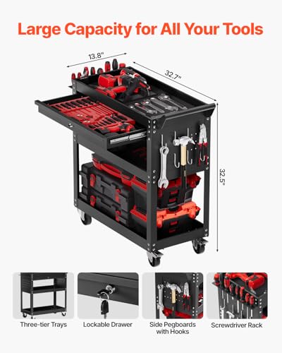 VEVOR 4-Tier Tool Cart with Wheels, 350 lbs Load Capacity, Rolling Work Cart with Drawer & Pegboard, Mechanic Tool Storage Organizer with Locking System for Garage, Warehouse and Repair Shop, Black