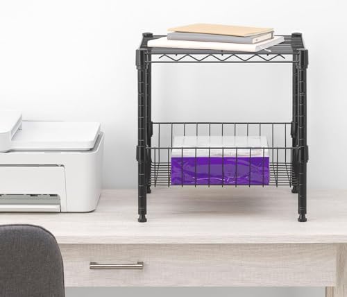 Whitmor 2 Tier Metal Storage Shelves, Heavy Duty Shelf with Basket, 350 lbs Capacity per Shelf, 700 lbs Total, Home Organizer for Kitchen, Garage, Bathroom, 15" L x 14" W x 15" H, Black - color: Black, size: 1-TIER,15"L x 14"W x 15"H(With Basket)