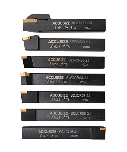 Accusize Industrial Tools 7-Ps Indexable Carbide Turning Tool Set, 1/2" Shank, C6 Grade TiN Coated Inserts, in Fitted Aluminum Case, 2387-2004 - size: 7 Pcs/Set