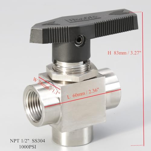 3-Way Ball Valve, L-Port, 1/2" NPT, 304 Stainless Steel Barstock, Heavy-Duty 10mm Reduced Port, 1000 PSI, Diverter Valve for Instrumentation, Gas, Pneumatics, Water & Chemical Processing - size: 1/2