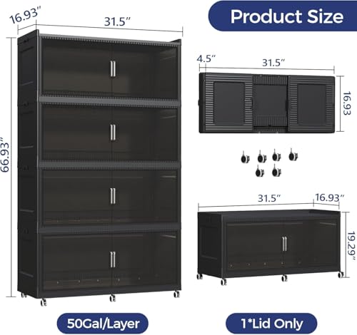 200GAL Extra Large Storage Bins with Lid, 800QT Collapsible Organizer with Wheels, Stackable Closet Cabinet with Doors, Folding Storage Containers for Home, Office, Kitchen, 4Pack Black - color: Black, size: 50Gal-4Pack