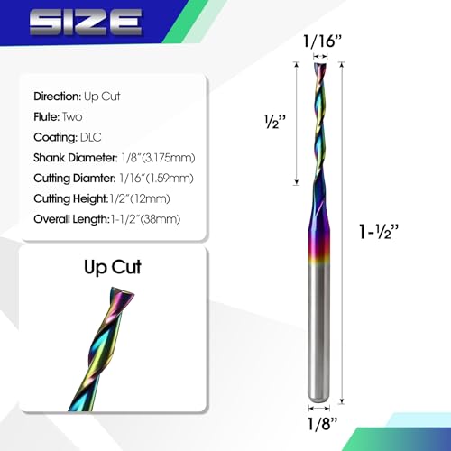 10Pcs CNC Router Bits with DLC Coating 1/8" Shank Upcut CNC Bit End Mill Solid Carbide Endmill Two Flute Spiral Milling Cutter for Wood PVC Engraving (1/16" x1/8" x1/2" x1-1/2) - size: 1/16"x1/8"x1/2"x1-1/2"
