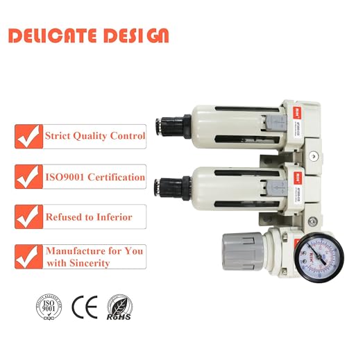 RIH Pneumatics 3/8'' NPT Auto Drain Compressed Air Double Filter & Regulator, Air Drying System, Air Compressor Water Separator, Auto Drain, Poly Bowl,0-150 psi Gauge, 5 Micron Brass Element(3/8 NPT) - size: 3/8'' NPT Auto Drain