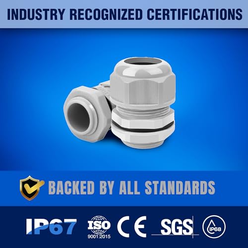 New Age America® KableLock™ 25pcs NPT Cable Glands | 52pcs Rubber Grommet Plugs | Gray | 5/8 Inch to 1-1/2 Inch | 1/4" to 1-1/4" | Closed Rubber Grommets | Nylon Cord Grip | IP68 Rated | with Box