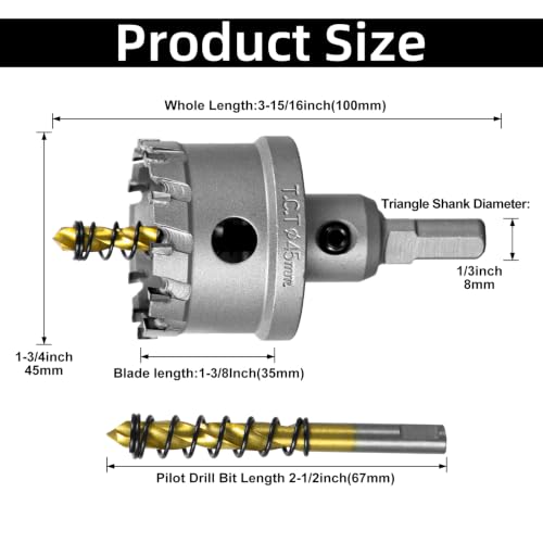 SALI 1-3/4" (45mm) TCT Hole Saw Kit Tungsten Carbide Tipped Hole Saw Drill Bit with Titanium-Plated Pilot Drill bit for Metal, Stainless Steel, Iron, Wood, Plastic - size: 1.77"