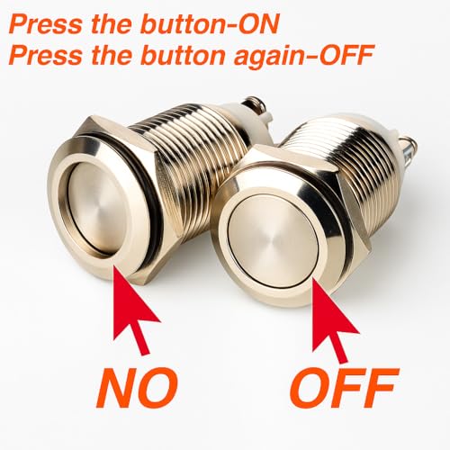 Gebildet 2pcs 16mm Latching Push Button Switch,12V/24V/125V/250V/5A Self-lock Button Switch with 2 Screw Terminals Stainless Steel Metal Waterproof Self-lock Button(Flat Head) - size: 16mm-Stainless Steel